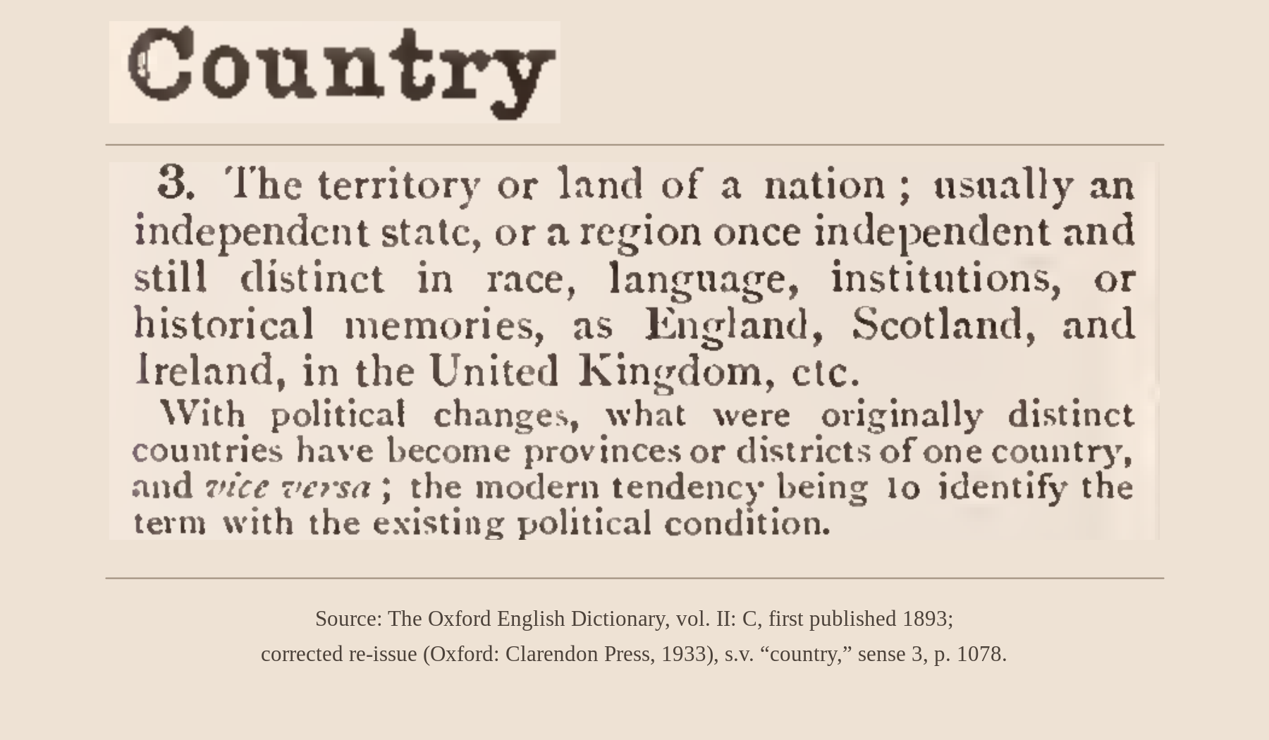 Oxford English Dictionary excerpt for country, noun, sense 3, describing the territory or land of a nation and historically distinct regions such as England, Scotland, and Ireland in the United Kingdom;