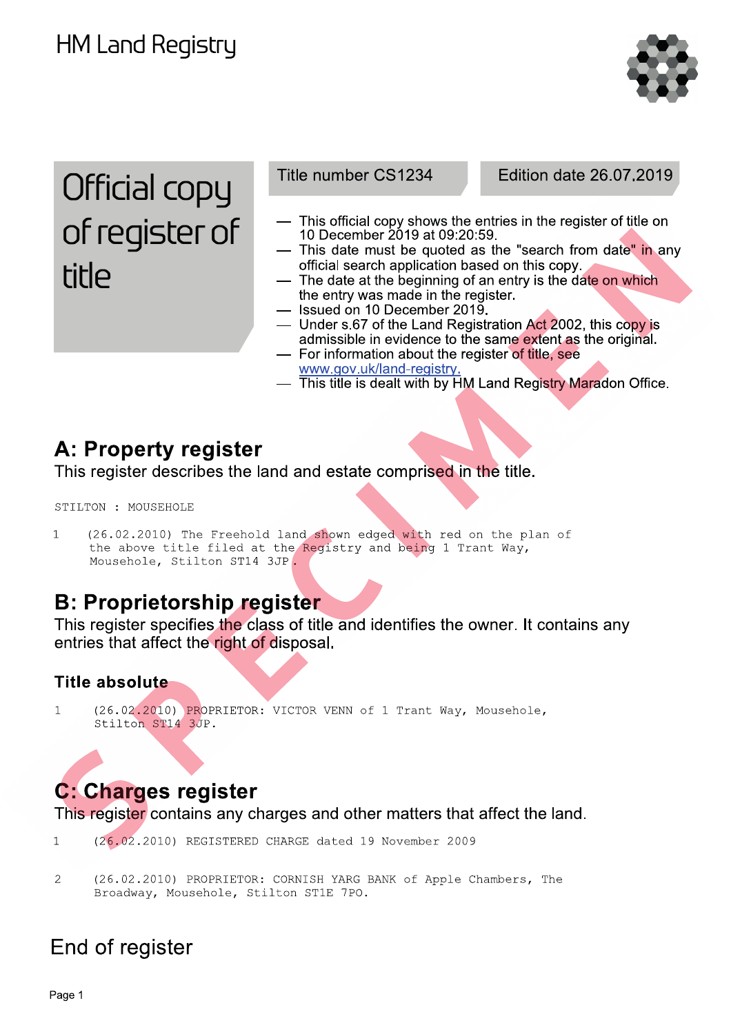 Official specimen: HM Land Registry heading, A property register, B proprietorship register with title absolute, and C charges register with a bank entry.